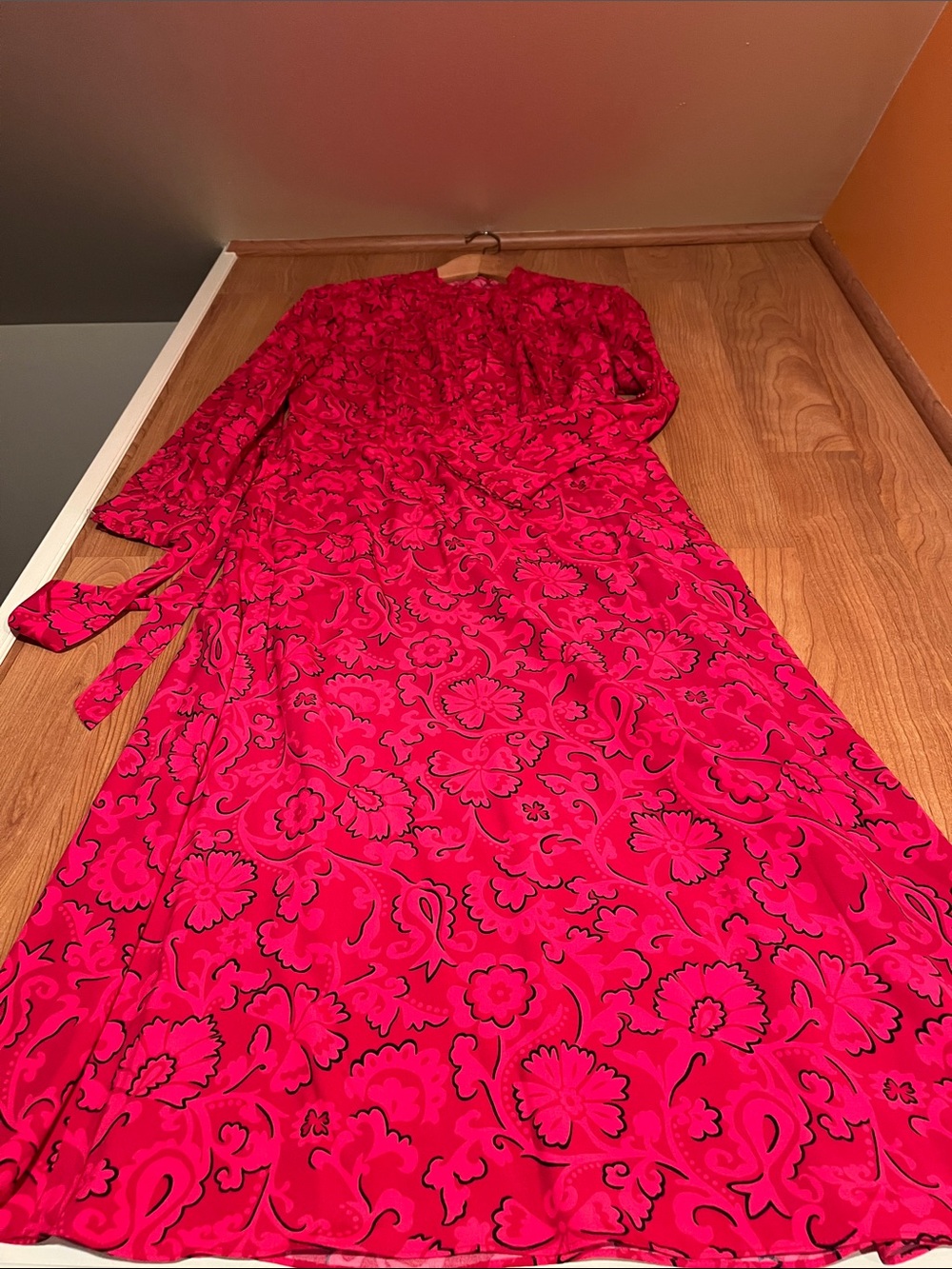 Red Floral Maxi Dress with Long Sleeves and Tie Waist